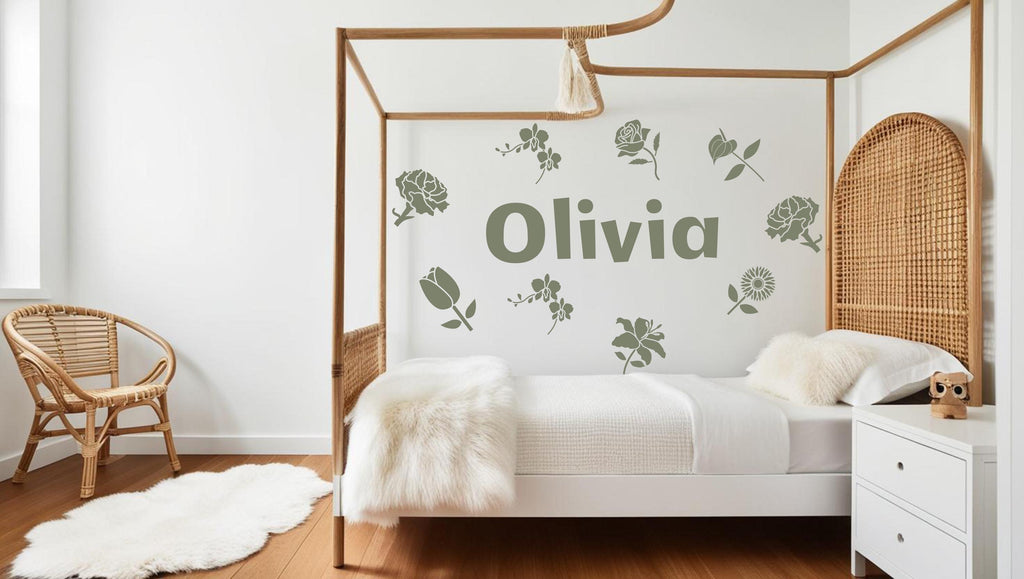 Personalized Name with Flowers Wall Sticker, Boho Wall Stickers, Floral Wall Decals, Flower Wall Decals, Floral Stickers, Girl's Room 512LU