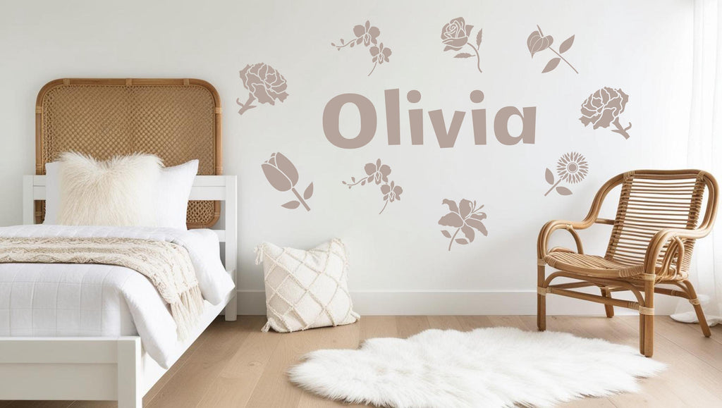 Personalized Name with Flowers Wall Sticker, Boho Wall Stickers, Floral Wall Decals, Flower Wall Decals, Floral Stickers, Girl's Room 512LU