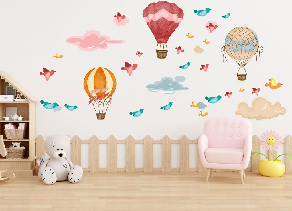 Air Balloon Birds and Clouds Wall Decor, Nursery Decal Bird, Watercolor Stickers Birds, Hot air balloon wall decal, Clouds wall decal 483LU
