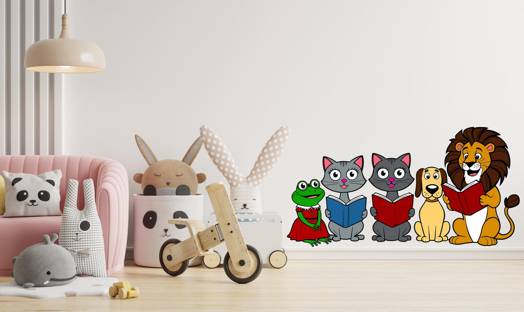 Colorful Animal Wall Decal for Kids Reading Corner - Frog, Cats, Dog and Lion Reading Books - Nursery Decor & Playful Wall Art - Gift 519LU