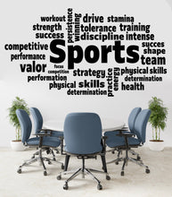 Load image into Gallery viewer, Sports word cloud wall decal, Motivational fitness decor, Workout inspiration, Strength training, Team spirit, Athletic performance 521LU