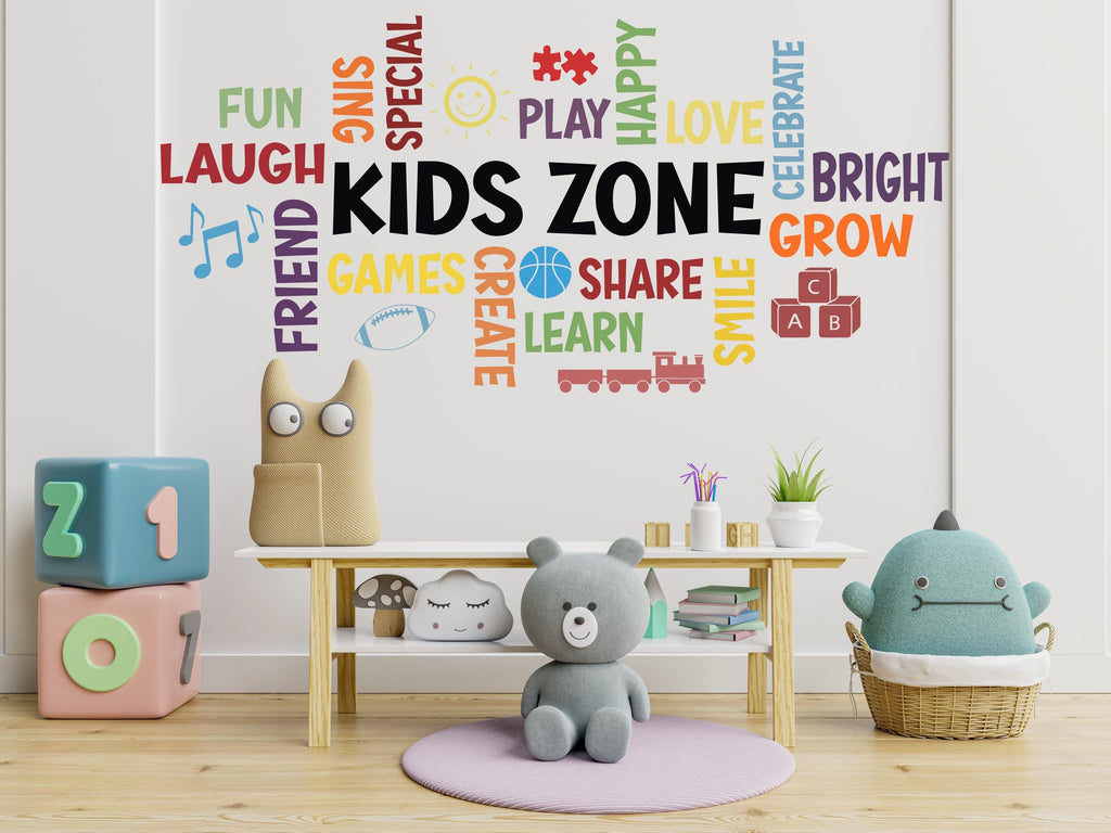 Kids Zone Word Cloud Wall Decal - Play, Learn, Grow, Fun & More - Colorful Nursery Decor with Icons for Child's Room - Classrooms 526LU
