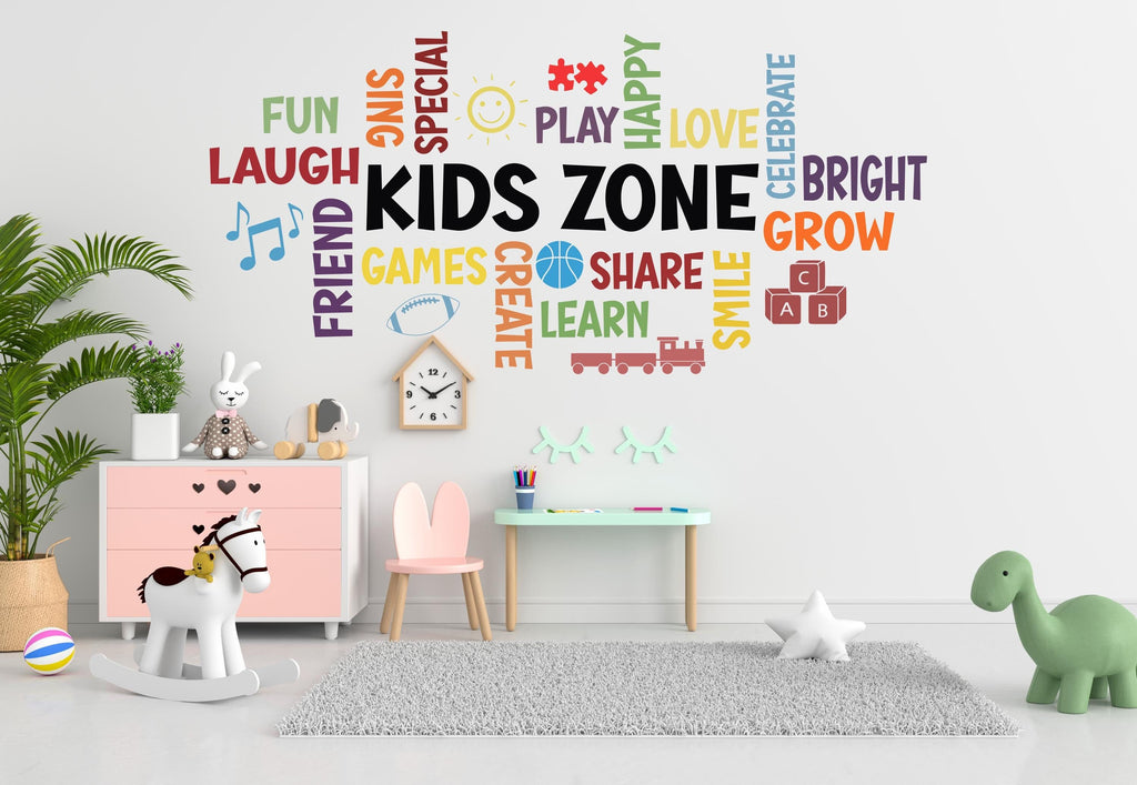 Colorful Kids Zone wall decal featuring a central Kids Zone word surrounded by playful words like play, sing, share, fun and more along with cheerful icons as a train, ABC, basketball, sun and more, perfect for children's spaces.
