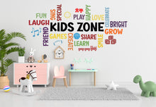 Load image into Gallery viewer, Colorful Kids Zone wall decal featuring a central Kids Zone word surrounded by playful words like play, sing, share, fun and more along with cheerful icons as a train, ABC, basketball, sun and more, perfect for children's spaces.