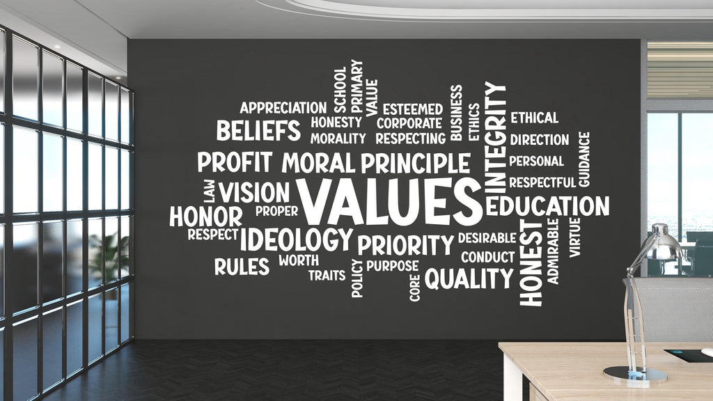 Values Word Cloud Wall Decal - Office Decor, Inspirational Art, Integrity, Vision, Business - Unique Motivational Design, Office Decal 529LU