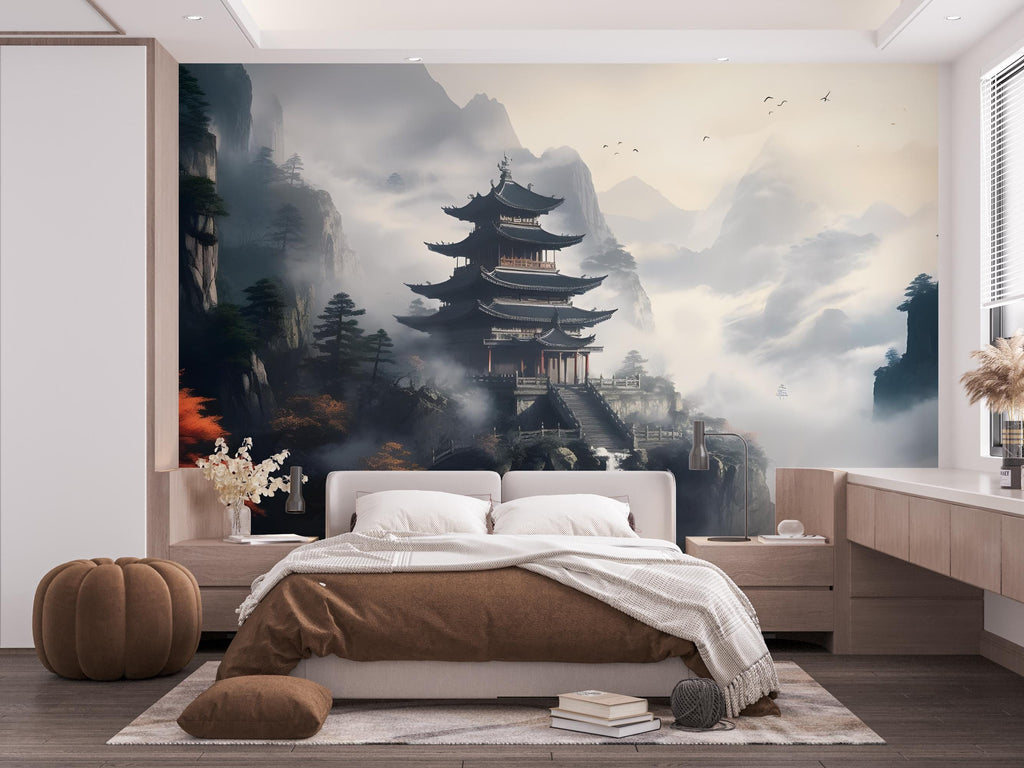 Chinese temple Wall Graphics Peel and Stick Forest room Wallpaper Buddha Self Adhesive Removable nursery wall decor Mural 534RS