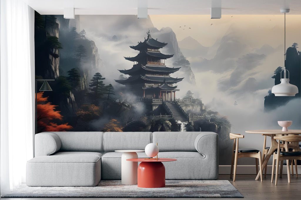 Chinese temple Wall Graphics Peel and Stick Forest room Wallpaper Buddha Self Adhesive Removable nursery wall decor Mural 534RS