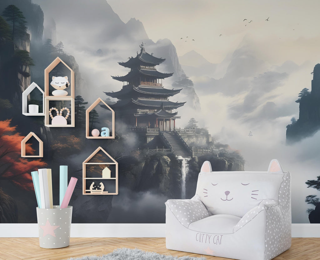 Chinese temple Wall Graphics Peel and Stick Forest room Wallpaper Buddha Self Adhesive Removable nursery wall decor Mural 534RS