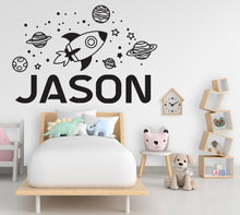 Load image into Gallery viewer, Large Kids Name With Rocket Planets and Stars Wall Decal Planet Wall Sticker Constellation Art Space Wall Decal Rocket Room Gift Vinyl 533LU