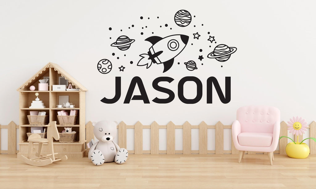 Large Kids Name With Rocket Planets and Stars Wall Decal Planet Wall Sticker Constellation Art Space Wall Decal Rocket Room Gift Vinyl 533LU