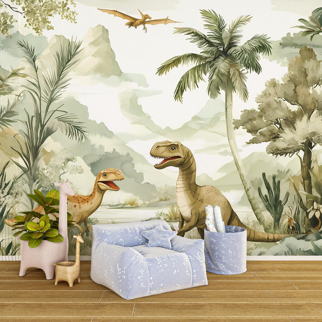 Dinosaur Wall Mural - Peel and Stick Kids Room Wallpaper - Jungle T-Rex Wall Art - Removable Dinosaur Nursery Decor - Kids Wall Mural Vn005