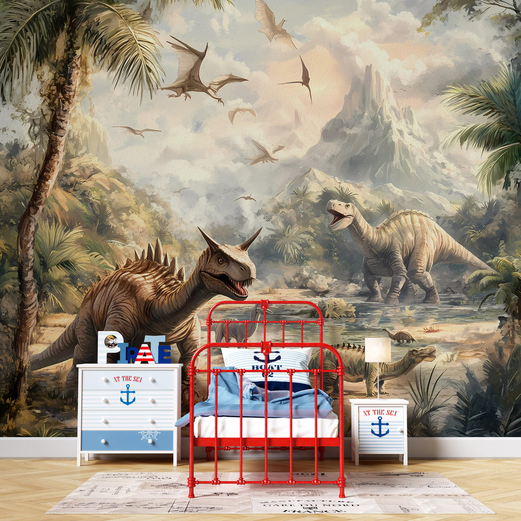 Dinosaur Wall Mural - Jungle Prehistoric Kids Room Wallpaper - Peel and Stick Dinosaur Decor - Non-Woven Wallpaper for Nursery Vn006