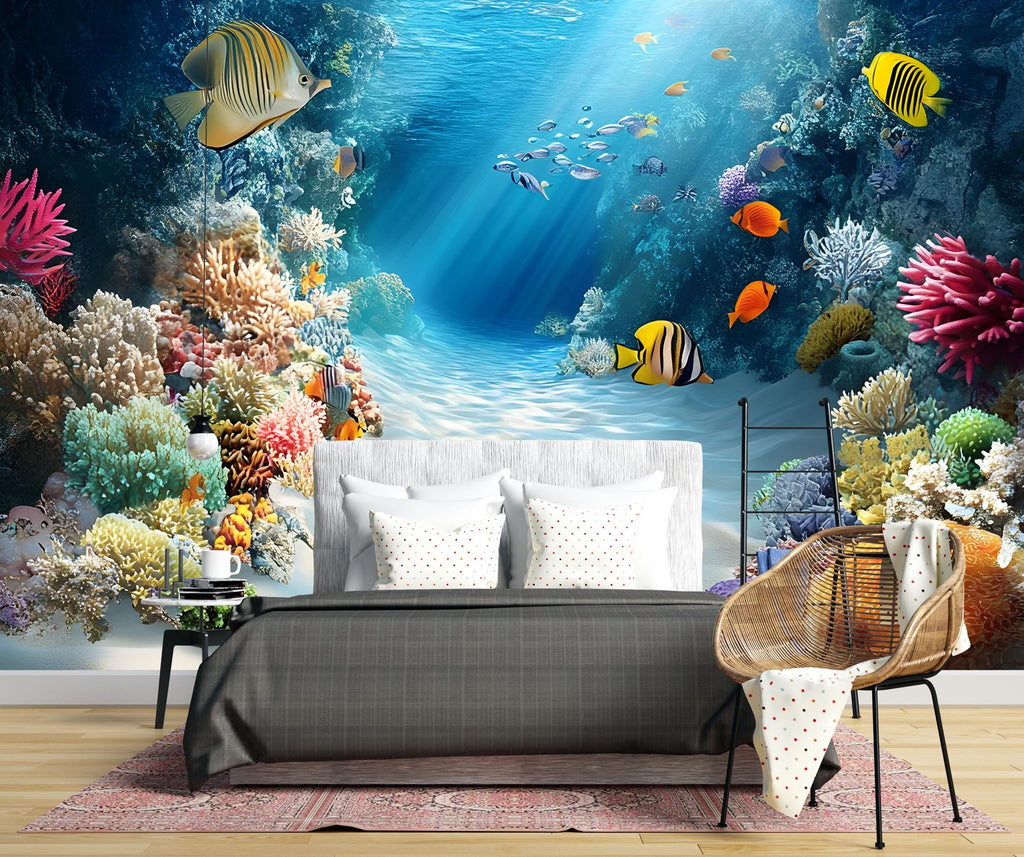 Ocean Wallpaper - Underwater Reef Wall Mural - Tropical Fish Wall Art - Peel and Stick Marine Life Wallpaper - Coastal Wall Decor Vn008