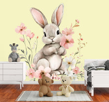 Load image into Gallery viewer, Bunny Wall Decal - Floral Rabbit Nursery Decor - Cute Animal Peel and Stick Wall Sticker - Baby Room Wall Art - Bunny Wall Mural Kids Vn007