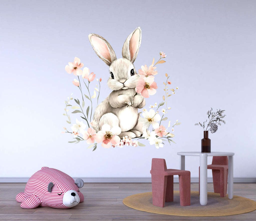 Bunny Wall Decal - Floral Rabbit Nursery Decor - Cute Animal Peel and Stick Wall Sticker - Baby Room Wall Art - Bunny Wall Mural Kids Vn007