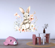 Load image into Gallery viewer, Bunny Wall Decal - Floral Rabbit Nursery Decor - Cute Animal Peel and Stick Wall Sticker - Baby Room Wall Art - Bunny Wall Mural Kids Vn007