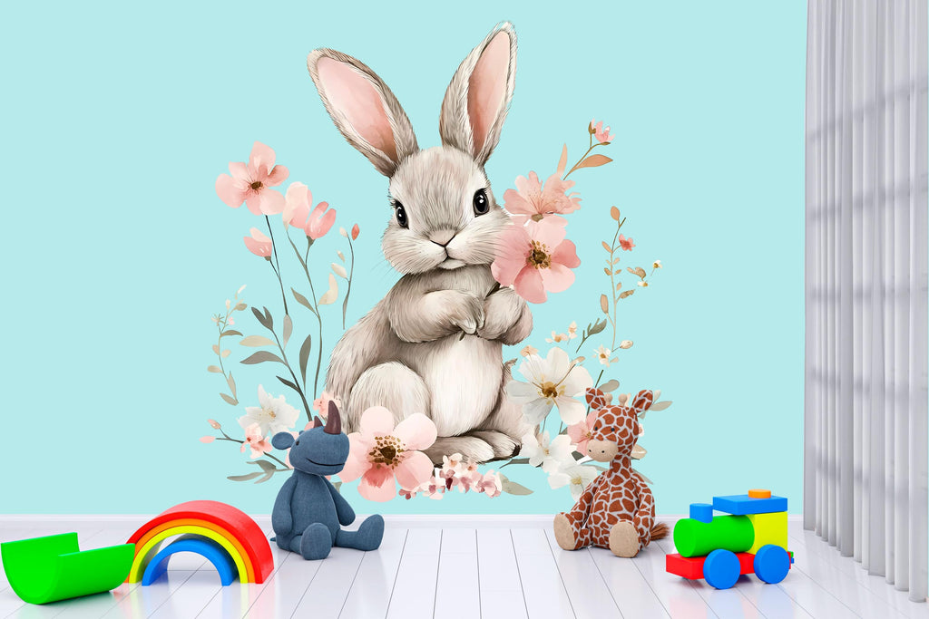 Bunny Wall Decal - Floral Rabbit Nursery Decor - Cute Animal Peel and Stick Wall Sticker - Baby Room Wall Art - Bunny Wall Mural Kids Vn007