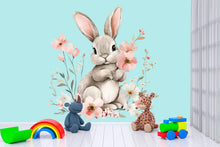 Load image into Gallery viewer, Bunny Wall Decal - Floral Rabbit Nursery Decor - Cute Animal Peel and Stick Wall Sticker - Baby Room Wall Art - Bunny Wall Mural Kids Vn007