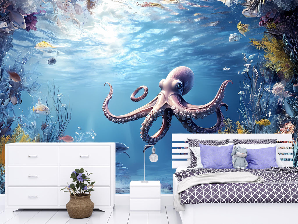 Peel and Stick Octopus Wallpaper - Deep Sea Decor Wall Mural - Underwater Ocean Wallpaper - Marine Life Wall Art - Bedroom Wall Mural Vn010