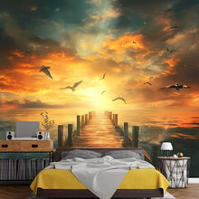 Load image into Gallery viewer, Sunset Pier Wall Mural - Golden Hour Wallpaper - Ocean Sunset Wall Art - Peel and Stick Sunset Decor - Removable Wall Mural Bedroom Vn013