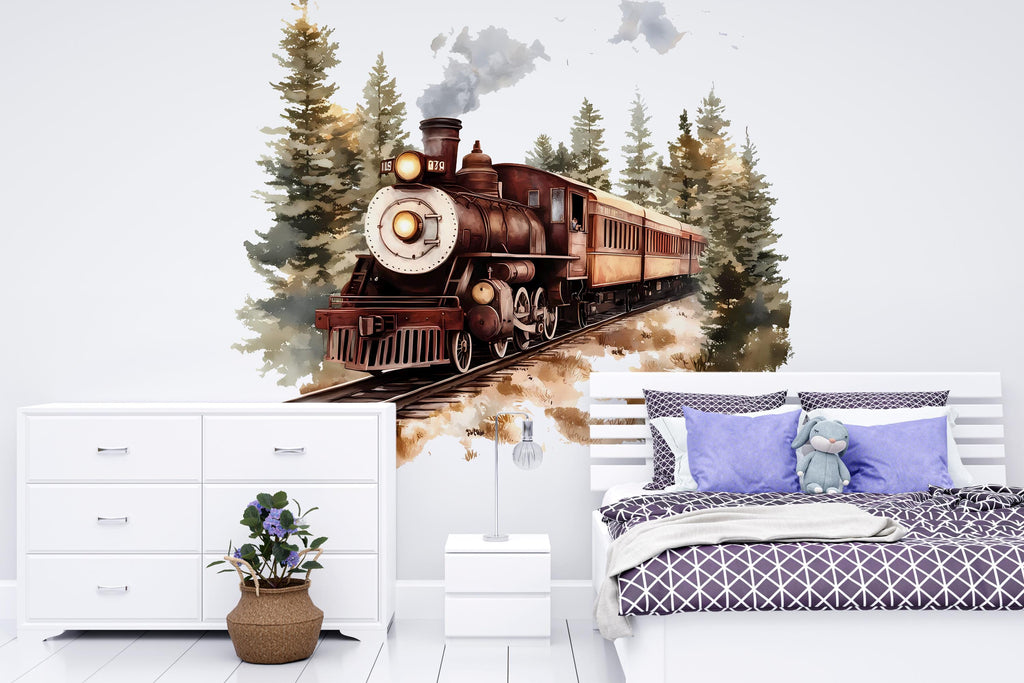 Rustic Train Vinyl Decal - Classic Steam Engine Wall Sticker - Removable Train Decor for Kids Room, Nursery, or Living Room Wall Art Vn019