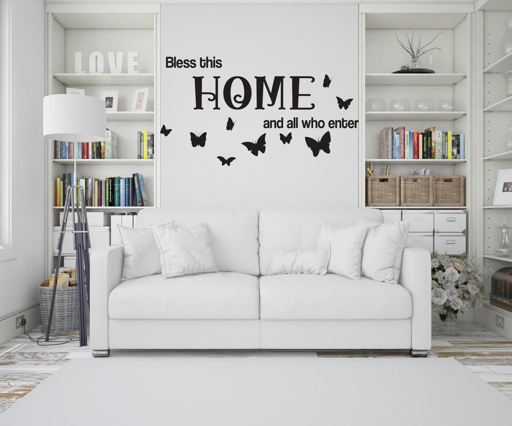 Bless this home and all who enters wall decal - Inspirational quote for living room, Entryway or Family Space - Home decor vinyl decal 534LU