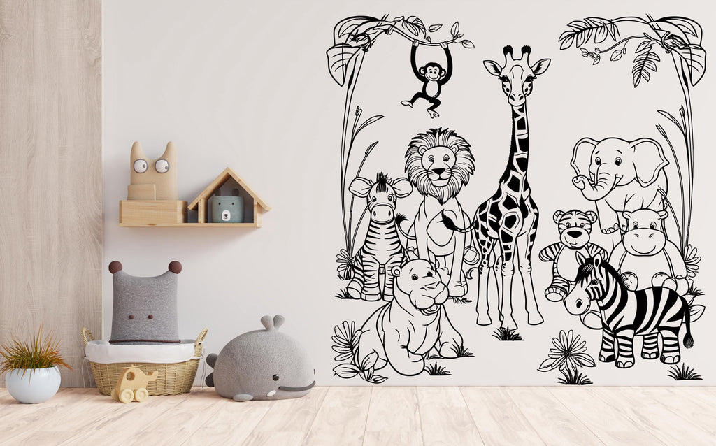 Animals Scene Wall Decal Decor, Animals Decor, Animals Theme, Nursery Decor, Kids Room, Giraffe Lion Elephant Zebra Monkey Teddy Bear 494LU