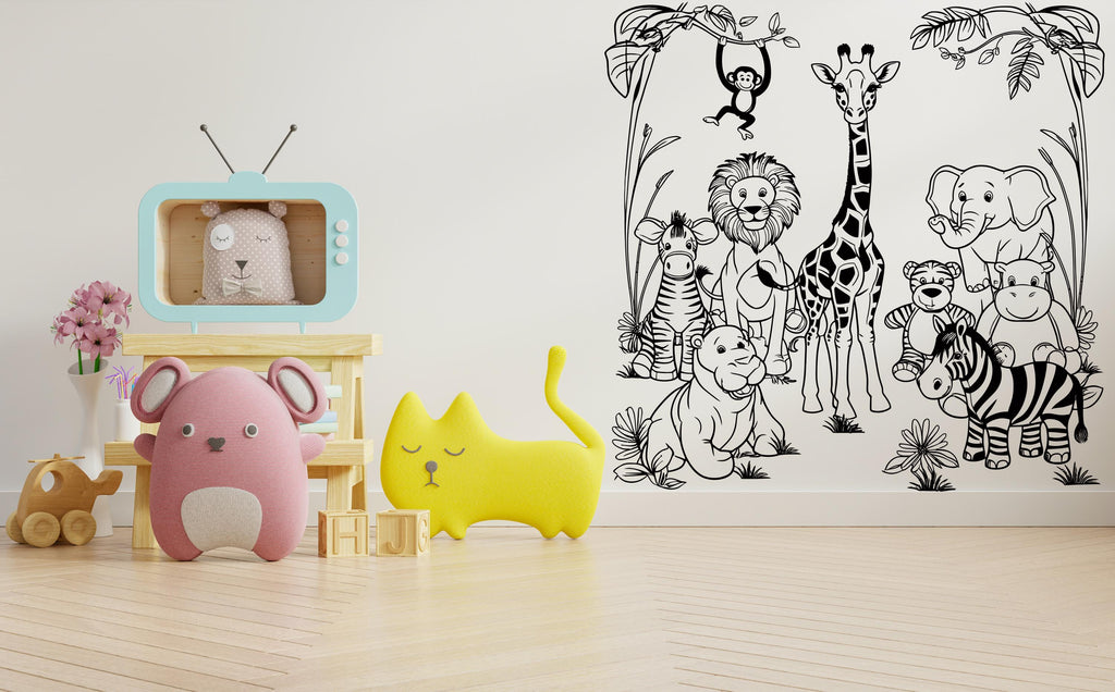 Animals Scene Wall Decal Decor, Animals Decor, Animals Theme, Nursery Decor, Kids Room, Giraffe Lion Elephant Zebra Monkey Teddy Bear 494LU