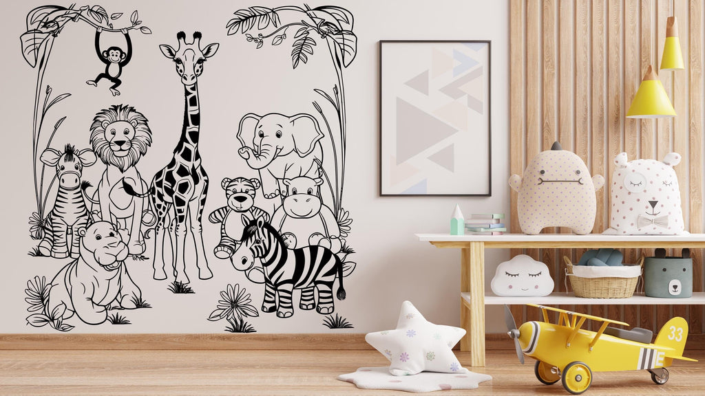 Animals Scene Wall Decal Decor, Animals Decor, Animals Theme, Nursery Decor, Kids Room, Giraffe Lion Elephant Zebra Monkey Teddy Bear 494LU