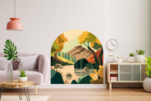 Load image into Gallery viewer, Fall Landscape River, Trees &amp; Mountain Decal, Vibrant Autumn Colors, Nature Decor, Fall Wall Art, Hedboard Wall Decal, Arch Wall Decal 537LU