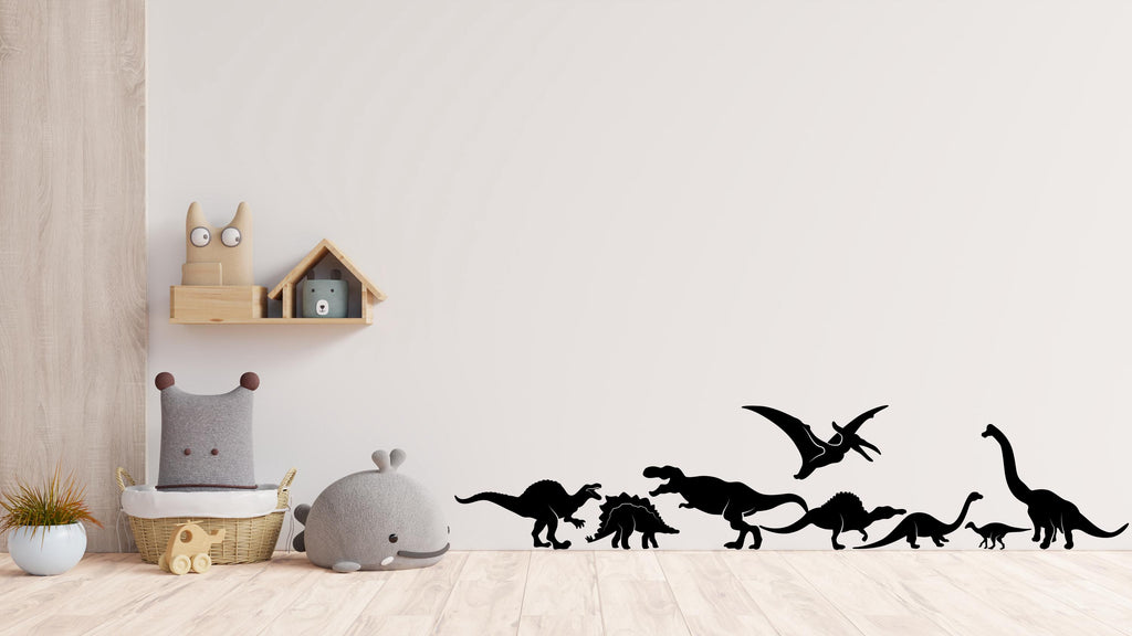Dinosaur Wall Decal, Silhouette Illustration of T-Rex, Pterodactyl, Brachiosaurus & More – Jurassic-Themed Nursery or Kids Room Decor 538LU