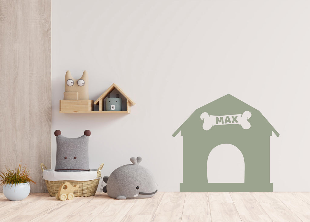 Dog House Kennel With Dog Name Wall Decal Home Headboard Color Block, Dog Wall Decor, Boho Wall Decal, Bed Headboard Sticker, Dog Gift 505LU