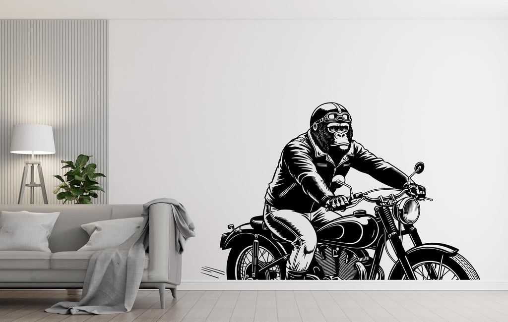Gorilla on a Motorcycle Wall Decal - Unique Decor for Kid's Rooms and Playrooms, Fun Wall Decor, Riding a Motorcycle, Rider wall decal 508LU