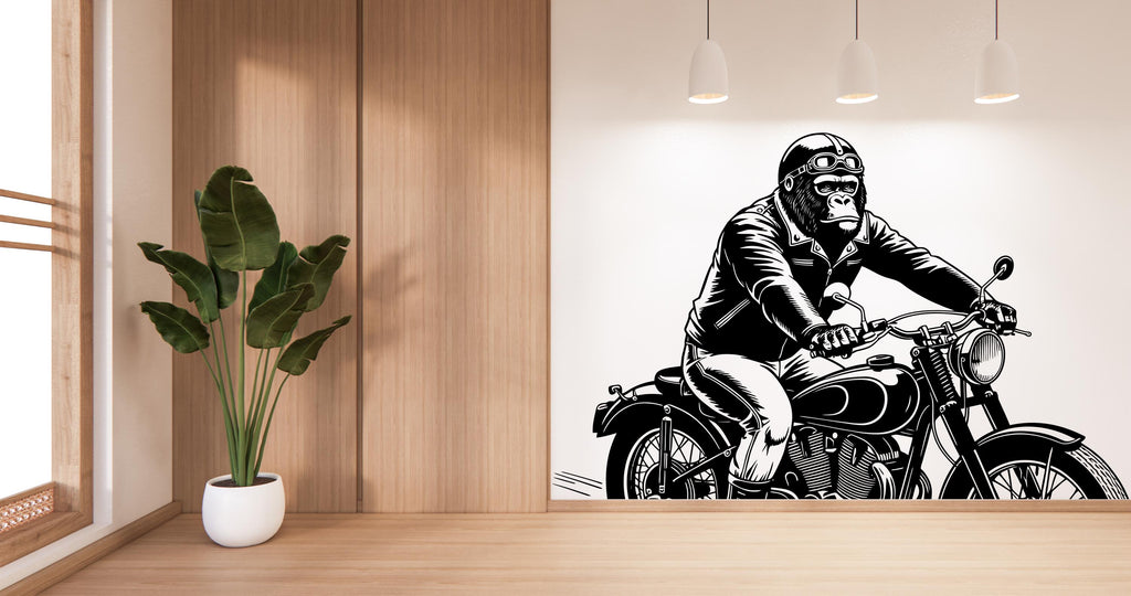 Gorilla on a Motorcycle Wall Decal - Unique Decor for Kid's Rooms and Playrooms, Fun Wall Decor, Riding a Motorcycle, Rider wall decal 508LU