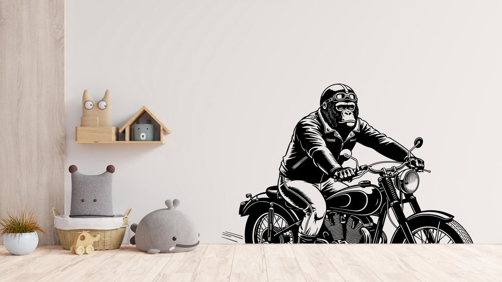 Gorilla on a Motorcycle Wall Decal - Unique Decor for Kid's Rooms and Playrooms, Fun Wall Decor, Riding a Motorcycle, Rider wall decal 508LU
