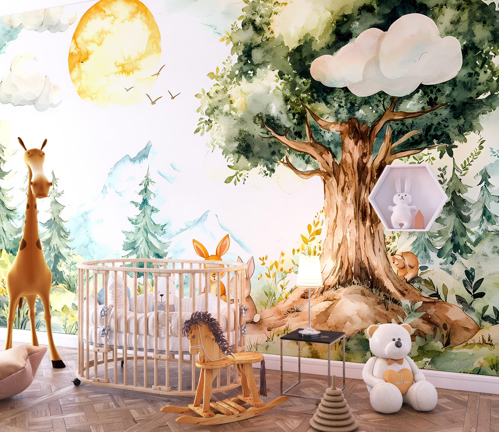 Watercolor wallpaper, cute forest scene with trees and rabbits under the sun, perfect for a kids' room wallpaper mural vn001