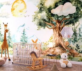 Watercolor wallpaper, cute forest scene with trees and rabbits under the sun, perfect for a kids' room wallpaper mural vn001