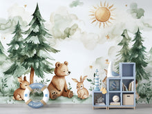 Load image into Gallery viewer, Forest Watercolor Wallpaper, Forest Decal, Bear and Rabbits Wallpaper Sticker, perfect for a kids' room wallpaper mural vn002