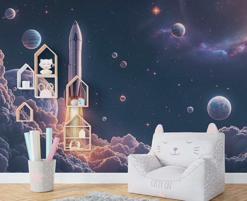 Galaxy Planet Wall Graphics Rocket Peel and Stick Girl room Wallpaper Nursery Self Adhesive Milkly Way nursery Stars wall decor Mural 523RS