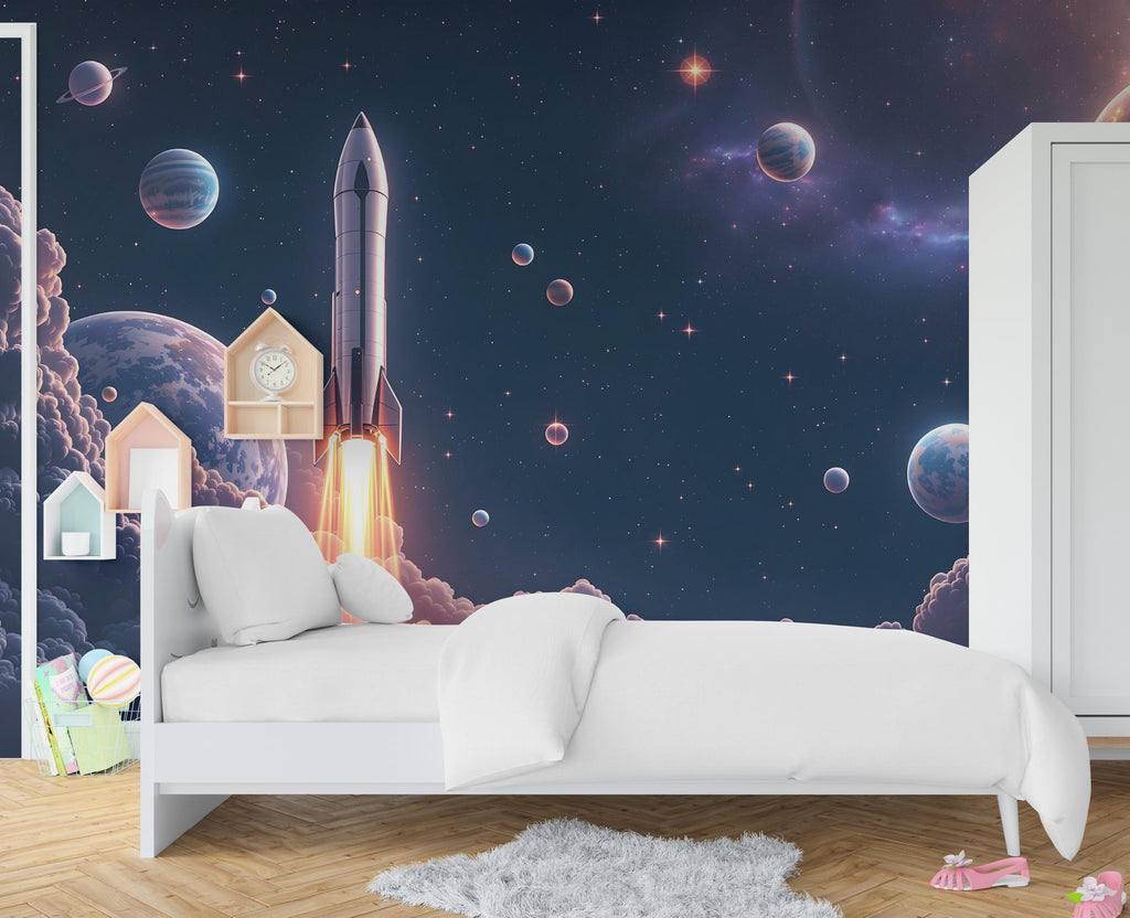 Galaxy Planet Wall Graphics Rocket Peel and Stick Girl room Wallpaper Nursery Self Adhesive Milkly Way nursery Stars wall decor Mural 523RS