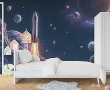 Load image into Gallery viewer, Galaxy Planet Wall Graphics Rocket Peel and Stick Girl room Wallpaper Nursery Self Adhesive Milkly Way nursery Stars wall decor Mural 523RS