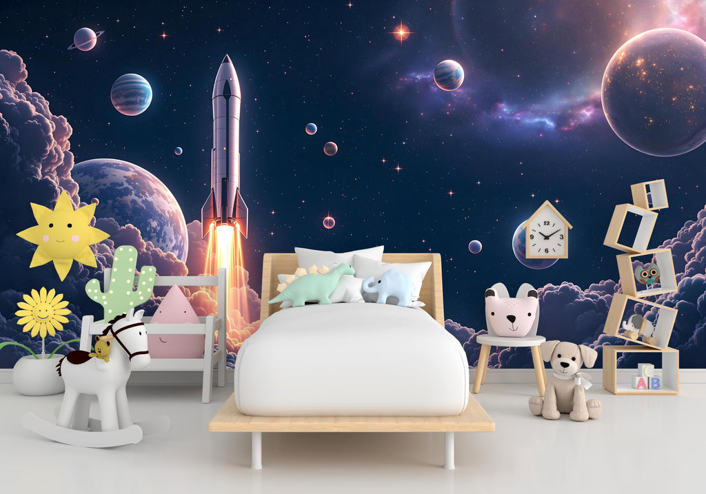 Galaxy Planet Wall Graphics Rocket Peel and Stick Girl room Wallpaper Nursery Self Adhesive Milkly Way nursery Stars wall decor Mural 523RS