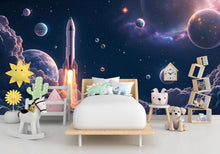 Load image into Gallery viewer, Galaxy Planet Wall Graphics Rocket Peel and Stick Girl room Wallpaper Nursery Self Adhesive Milkly Way nursery Stars wall decor Mural 523RS