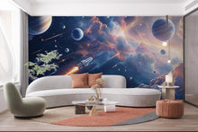 Load image into Gallery viewer, Galaxy Planet Wall Graphics Rocket Peel and Stick Girl room Wallpaper Nursery Self Adhesive Milkly Way nursery Stars wall decor Mural 524RS