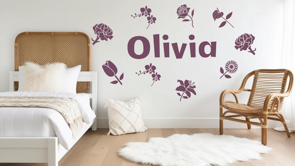 Personalized Name with Flowers Wall Sticker, Boho Wall Stickers, Floral Wall Decals, Flower Wall Decals, Floral Stickers, Girl's Room 512LU
