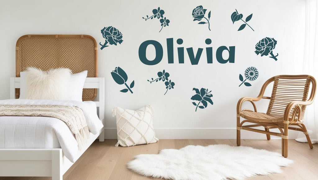 Personalized Name with Flowers Wall Sticker, Boho Wall Stickers, Floral Wall Decals, Flower Wall Decals, Floral Stickers, Girl's Room 512LU