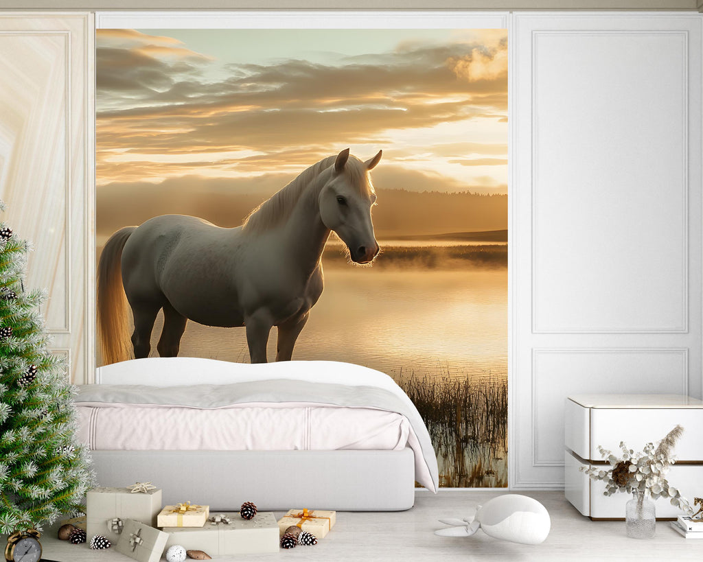Horse and Sunset Wall Mural - Peaceful Nature Wallpaper - Peel and Stick Decor for Bedroom, Living Room, or Farmhouse Style Spaces Vn024