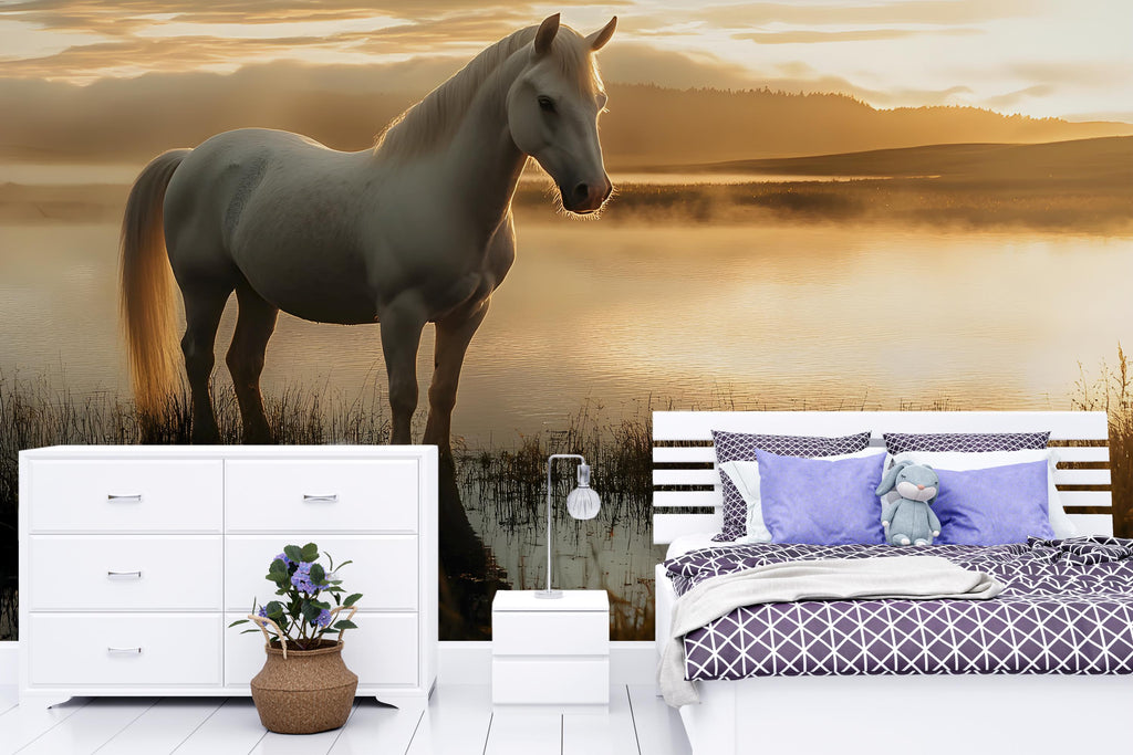 Horse and Sunset Wall Mural - Peaceful Nature Wallpaper - Peel and Stick Decor for Bedroom, Living Room, or Farmhouse Style Spaces Vn024