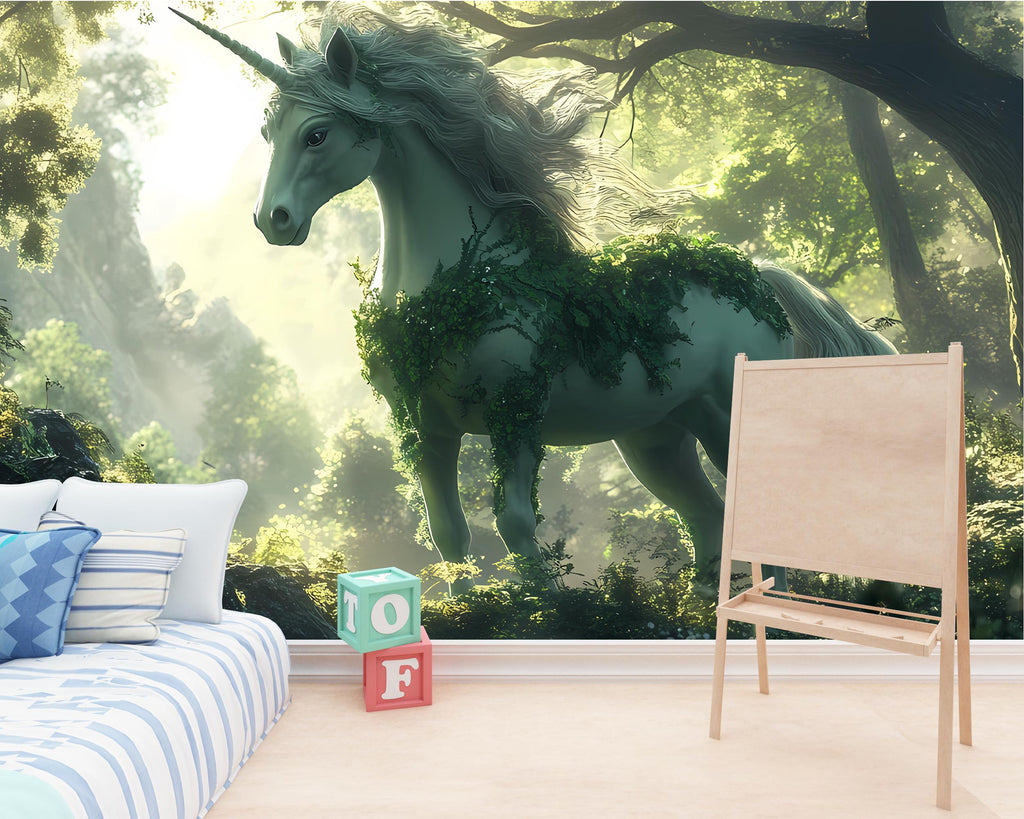 Unicorn Wall Mural - Enchanted Forest Wallpaper - Peel and Stick Fantasy Wall Decor for Kids Room, Nursery, or Magical Spaces Vn025