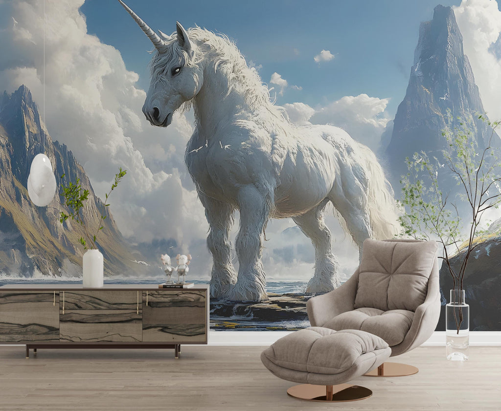 Majestic Unicorn Wall Mural - Fantasy Mountain Wallpaper - Peel and Stick Wall Art for Kids Room, Living Room, or Magical Decor Vn026